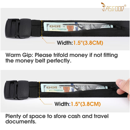 Travel Security Money Belt with Hidden Money Pocket - Cashsafe Anti-Theft Wallet Unisex Nickel free Nylon Belt by JASGOOD A-black