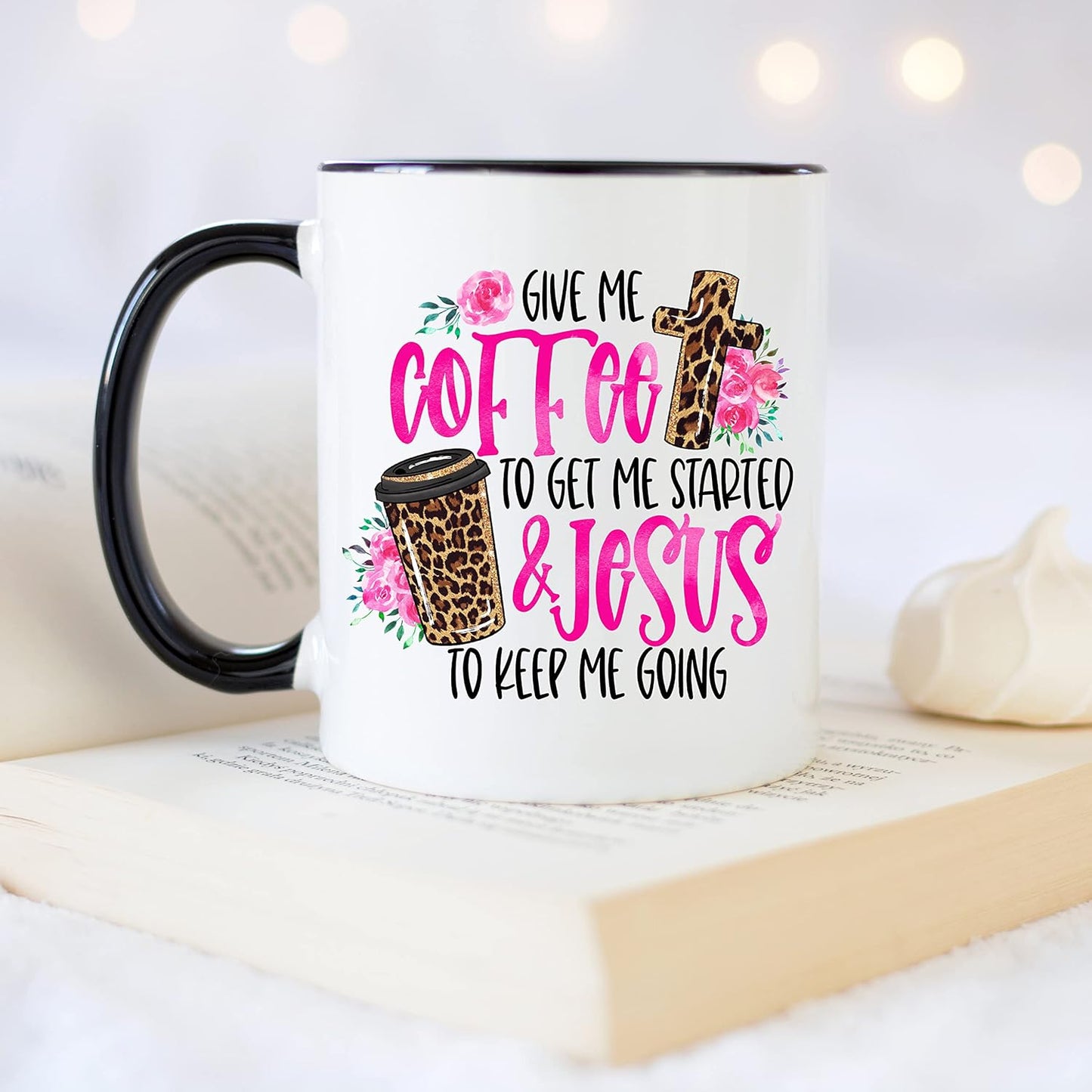 YouNique Designs Coffee & Jesus Christian Mug, 11 Ounces, Black Handle, Scripture Coffee Mug for Women