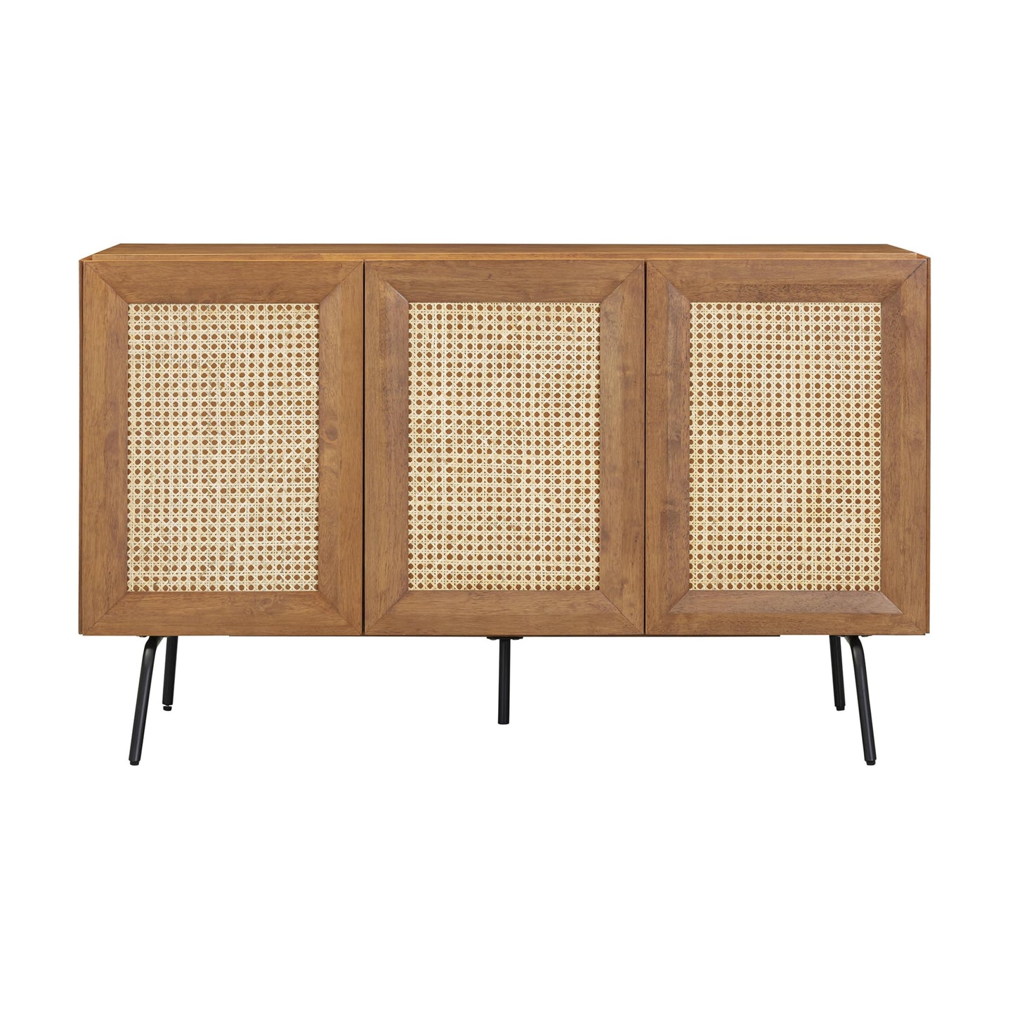 NTC MOSSIC Modern Sideboard with 3 Doors, Natural Rattan Storage Cabinet, Buffet with Metal Legs, Boho Accent Cabinet for Living Room, and Entryway, Effortless Assembly, Teak Look