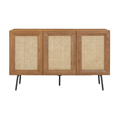 NTC MOSSIC Modern Sideboard with 3 Doors, Natural Rattan Storage Cabinet, Buffet with Metal Legs, Boho Accent Cabinet for Living Room, and Entryway, Effortless Assembly, Teak Look