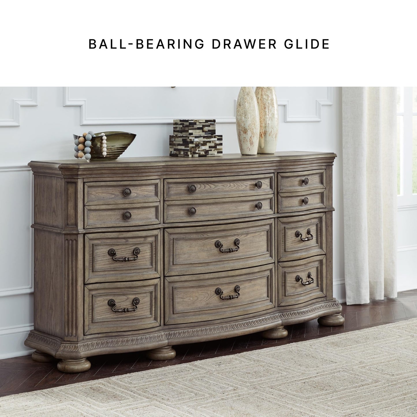 Signature Design by Ashley Ardenfield Traditional Nine-Drawer Dresser with Dovetail Construction, Top Drawers Felt Lined, Metal Hardware, Wood, Light Brown