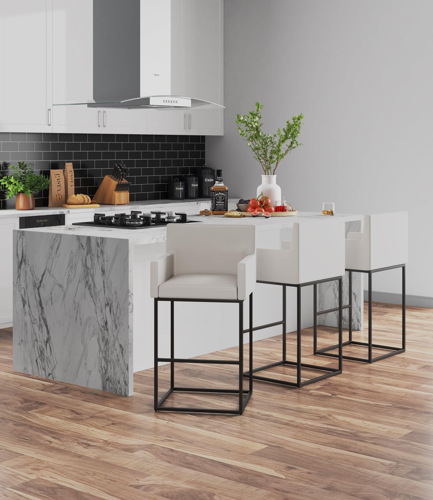 Manhattan Comfort Ambassador 38" Counter Height Bar Stool, Faux Leather Upholstery, Mid-Century Modern, Metal Frame with Footrest, No Assembly Required, Ideal for Kitchen Island, Set of 3, Cream