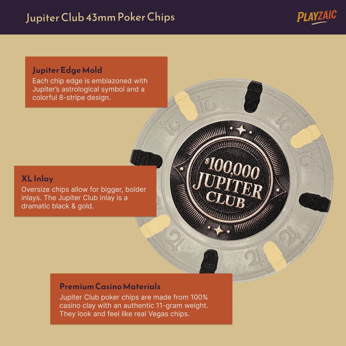 Playzaic 500-count Jupiter Club 43mm Oversize Casino Clay Poker Chip Set | 11-gram XL Chips in Locking Protective Case | 100% Clay Luxury Feel for Home Cash Games & High Stakes Tournaments