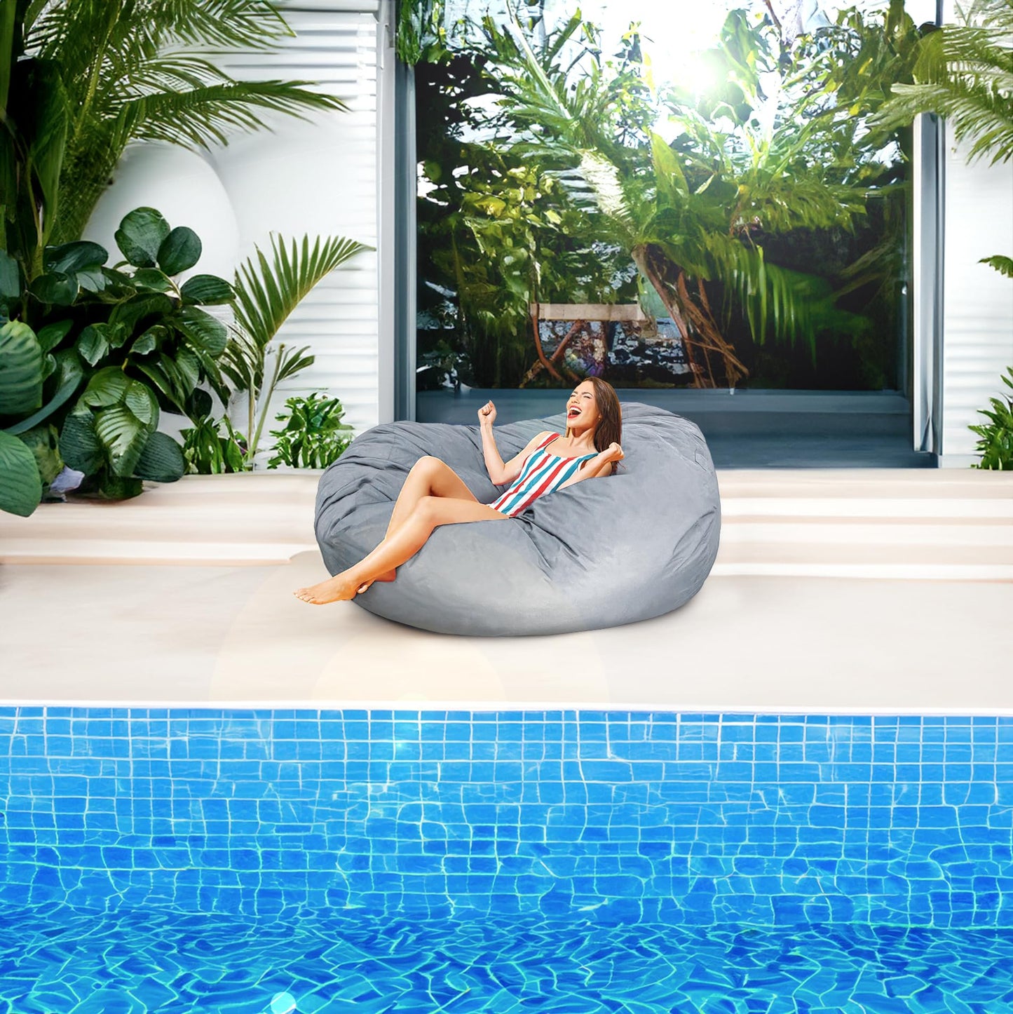Lumaland Outdoor/Indoor Bean Bag 7ft, Water-Repellent and Fading-Resistant, Comfortable Sack Chair for Patio, Backyard, Frontyard, Deck, Garden, Swimming Pool and Home, Dark Grey