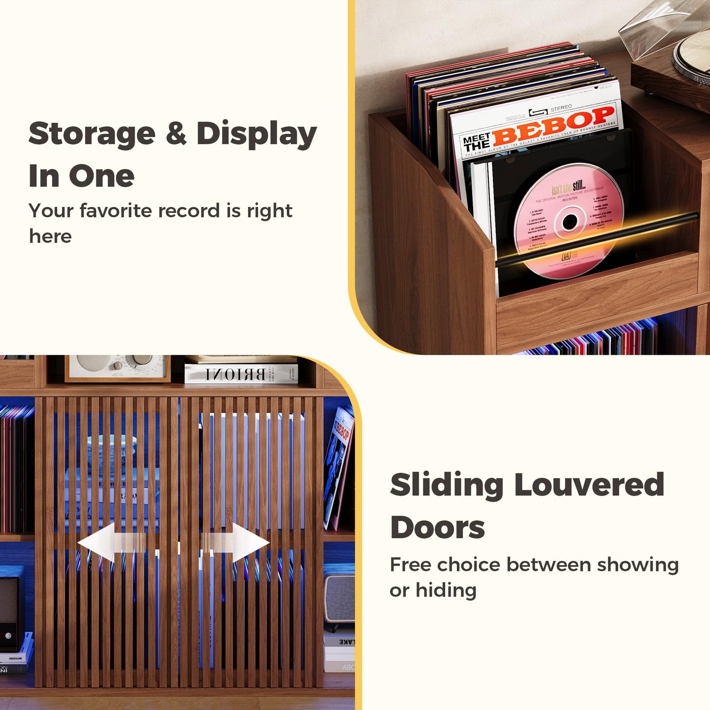IRONCK Luxury Record Player Stand with Storage, Holds 1500+ Vinyl Records, Large Record Storage Cabinet with Sliding Doors & Charging Station & LED Light, Brown