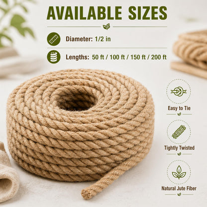 Natural Jute Rope Thick Hemp Rope (1/2 Inch x 150 Feet) Strong Jute Twine for DIY Crafts Gardening Hammock Home Decorating