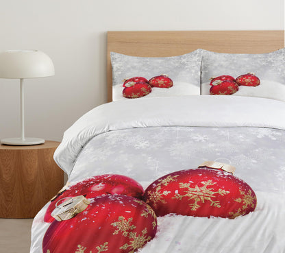 Ambesonne Christmas Duvet Cover Set, Xmas Baubles on Snow with Snowflakes Ice Holiday Humanitarian Artwork Illustration, Decorative 3 Piece Bedding Set with 2 Pillow Shams, Queen Size, White Red