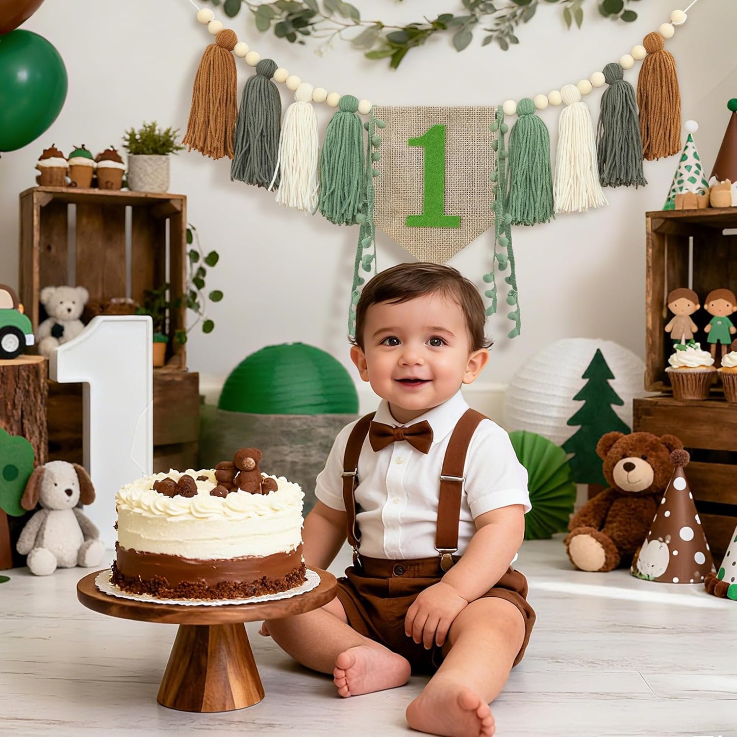 1st Wild One High Chair Banner Boy First Birthday Decorations,Jungle Green Highchair Banner,Woodland One Year Old Party