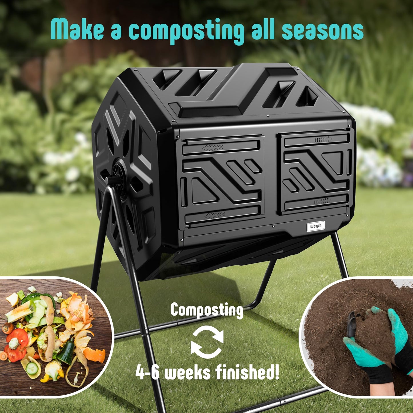 Werph 43 Gallon Compost Bin with Gloves, Fast Assembly & Easy Setup Outdoor Compost Tumbler, Updated Dual Chamber Tumbling Composter for Garden, Kitchen, and Yard Waste, Black