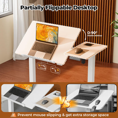 JOY worker Electric Drafting Table, 40×20" Height Adjustable Standing Art Desk, Drawing Workstation with 0‑90° Tiltable Surface, Cup Holder & Cable Management for Artist Craft Home Studio, White