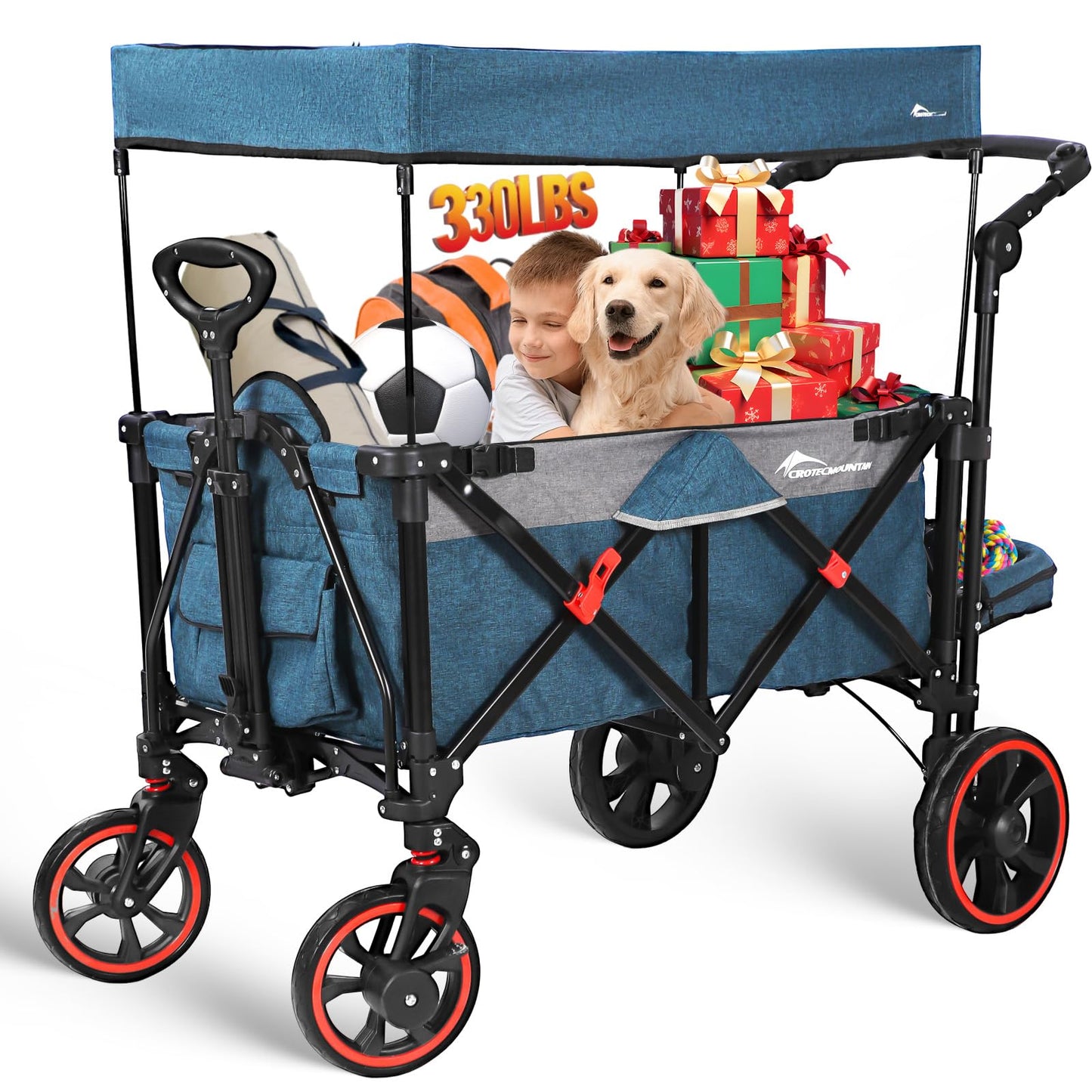 Collapsible Canopy Wagon, Foldable Wagon Stroller with 330LBS, Heavy Duty Cart with Shock-Absorbing Wheels, Adjustable Push Pulling Handles for Camping, Garden, Sports, Shopping, Blue