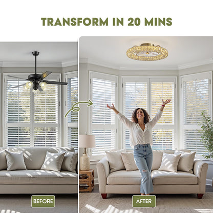 LUDOMIDE Flush Mount Ceiling Fan with Light, 22" Modern Crystal Chandelier Ceiling Fan with Smart 4-Light Color Change, Luxury LED Ceiling Fan, Low Profile Ceiling Fan for Bedroom (Gold)