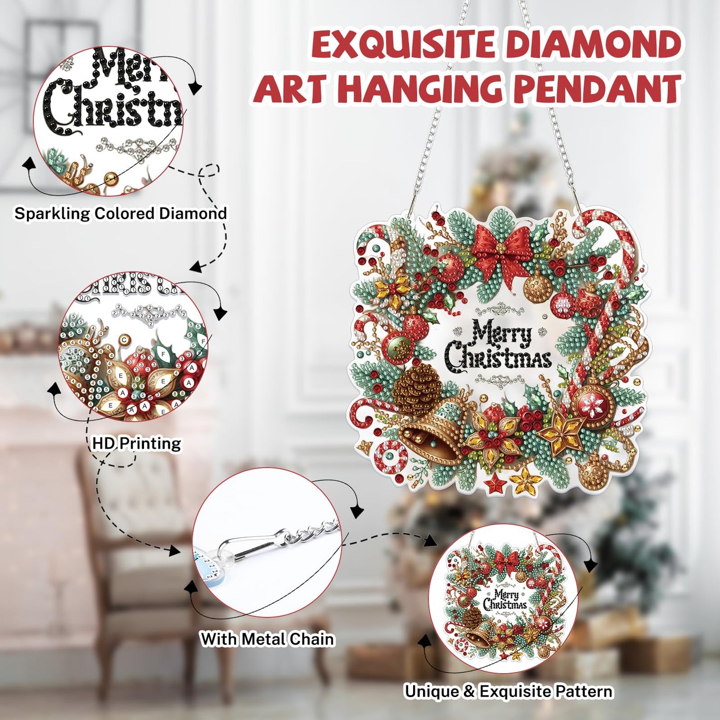 Bowetile Merry Christmas Diamond Art Hanging Wreath Kits for Adults, Diamond Art Suncatchers, 5D Special Shape Diamond Painting Pendant Window Ornament Christmas Gifts for Home Door Wall Decor