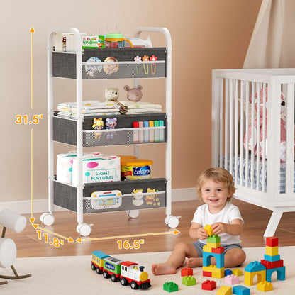 Baby Diaper Caddy Rolling Utility Cart, 3 Tier Baby Essentials Nursery Organizer and Storage with Dividers and Drawers for Crib, Bedroom, Art & Craft Organizer (White)