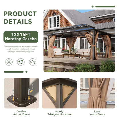 Aoxun 12'x16' Hardtop Gazebo, Outdoor Metal Gazebo with Double Polycarbonate Roof Canopy, Permanent Pavilion with Netting and Curtains for Lawn, Garden, Patio (Khaki)