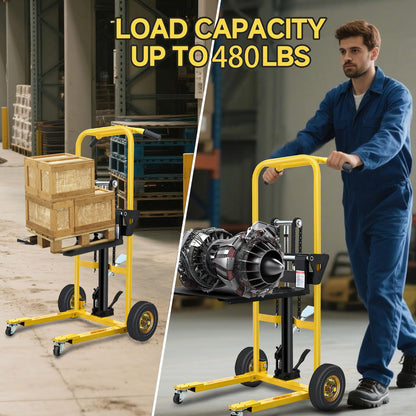 Hydraulic Material Lift, Pallet Jack Table Cart- 480-Lb. Capacity, 35in Lift. with Swivel Wheels, Steel Platform Board (03 Yellow, 480 LB)