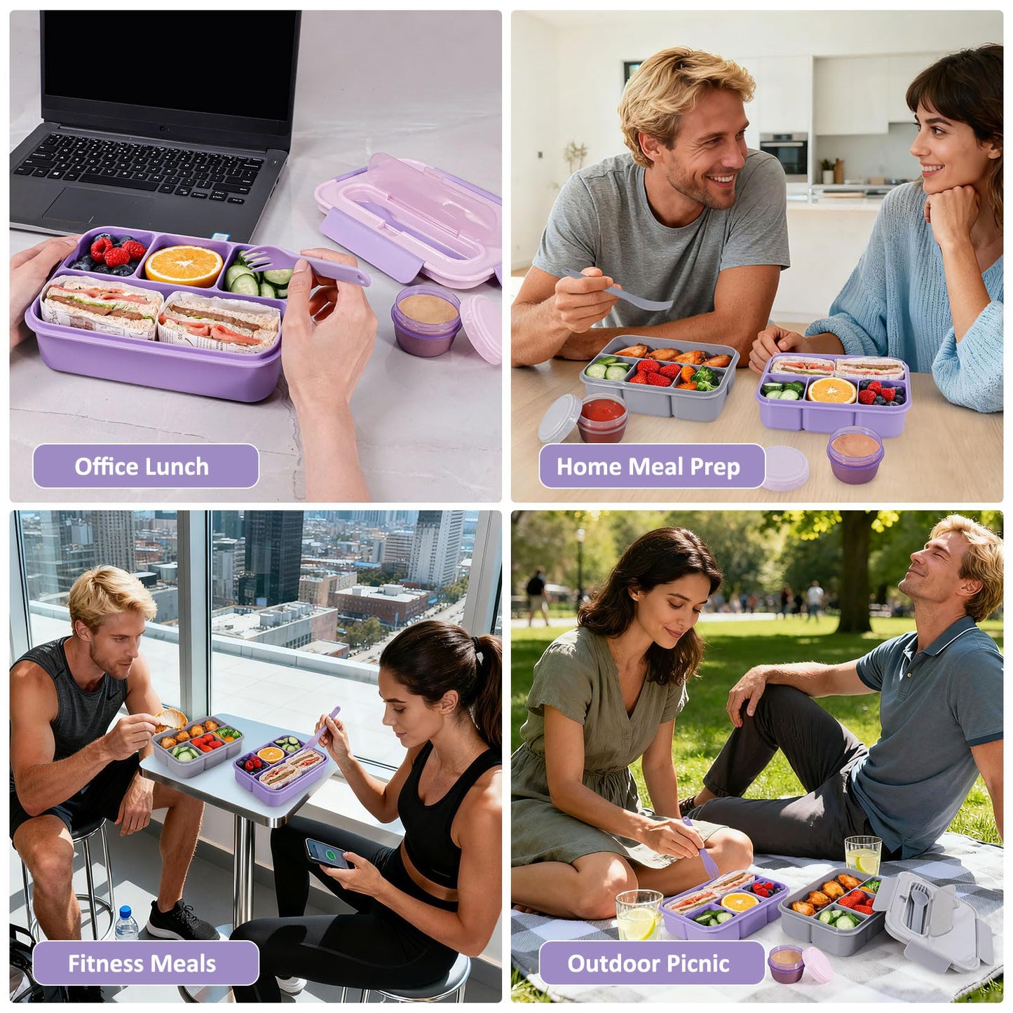 Caperci Bento Box Adult - 50 oz Large Lunch Containers for Adults and Teens, 4-Compartment Bento Lunch Box with Utensils & Leak Proof Sauce Cup, Dishwasher Safe, Durable, BPA-Free (Lavender)