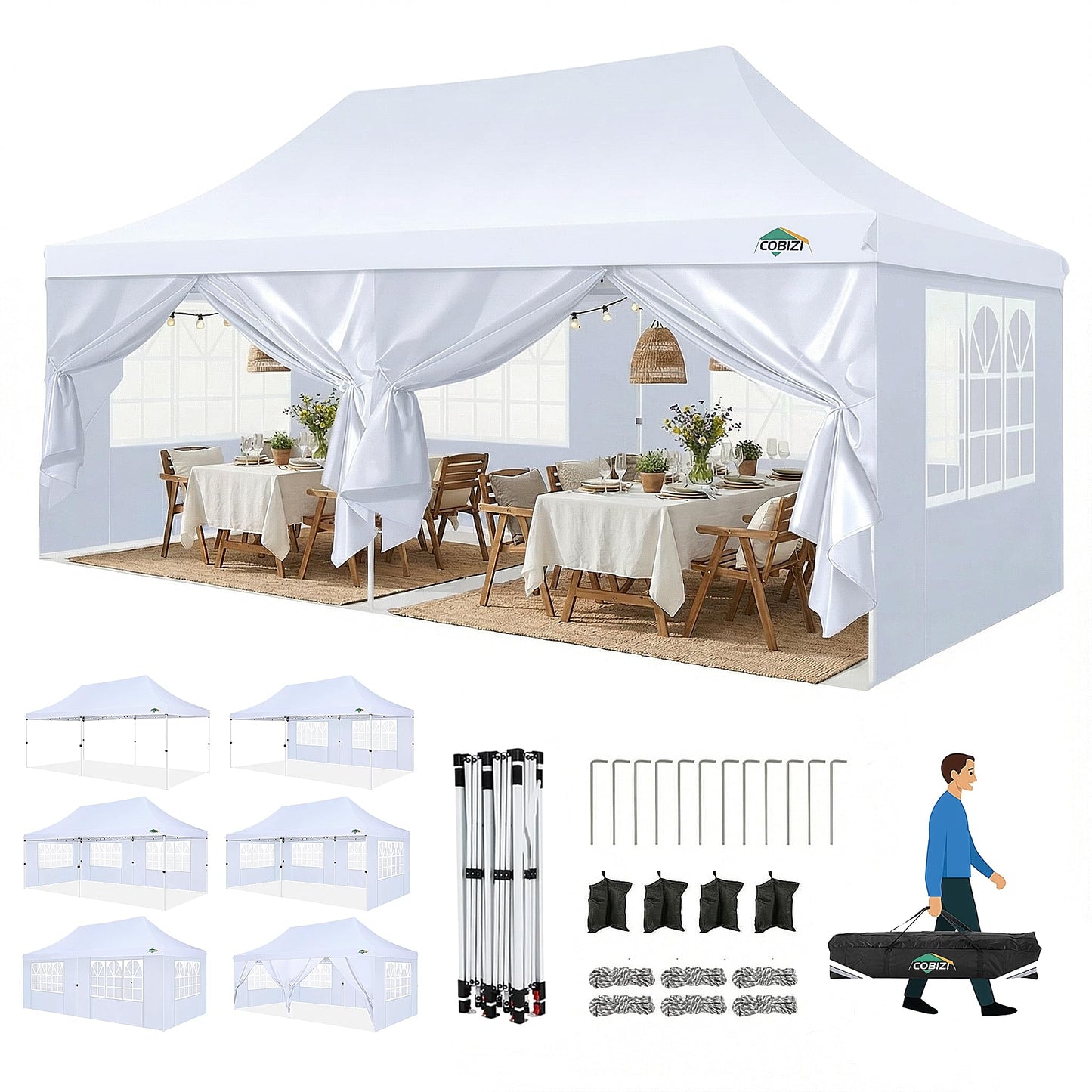 COBIZI Canopy 10x20 Pop Up Canopy Tent with Sidewalls, Waterproof Commercial Canopy Ez Outdoor Instant Gazebo UV Protection 50+ Event Shelter, Garden Tents for Parties with Sandbags, White