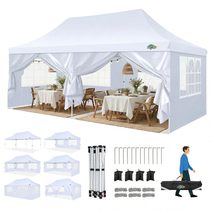 COBIZI Canopy 10x20 Pop Up Canopy Tent with Sidewalls, Waterproof Commercial Canopy Ez Outdoor Instant Gazebo UV Protection 50+ Event Shelter, Garden Tents for Parties with Sandbags, White