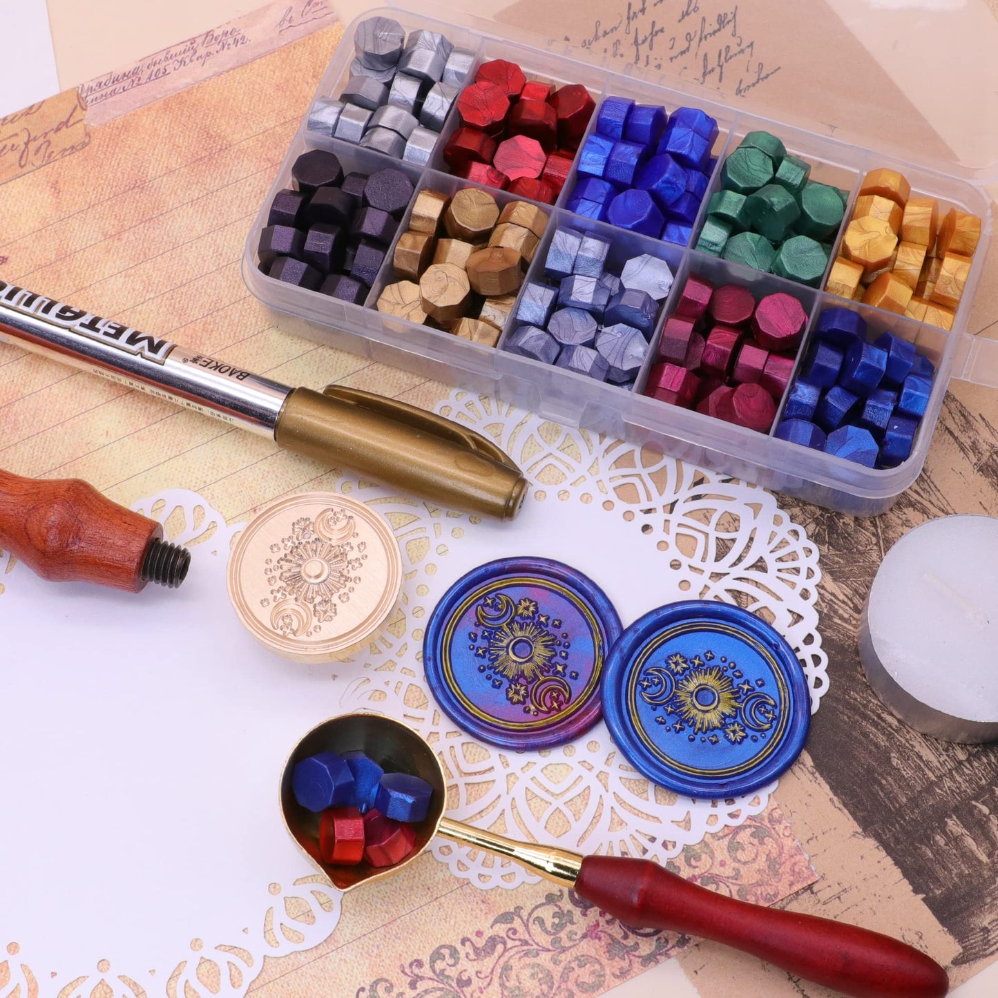 SWANGSA Sun and Moon Wax Seal Stamp Kit with 200pcs Sealing Wax Beads, Great for Embellishment of Invitations, Christmas, Wine Packages, Gift Idea