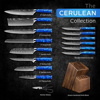 SENKEN 16-Piece Kitchen Knife Block Set - Japanese Chef's Knife Set with Laser Damascus Pattern, Includes 6 Steak Knives and Smoothly Finished Acacia Hardwood Knife Block (Blue Resin Handles)