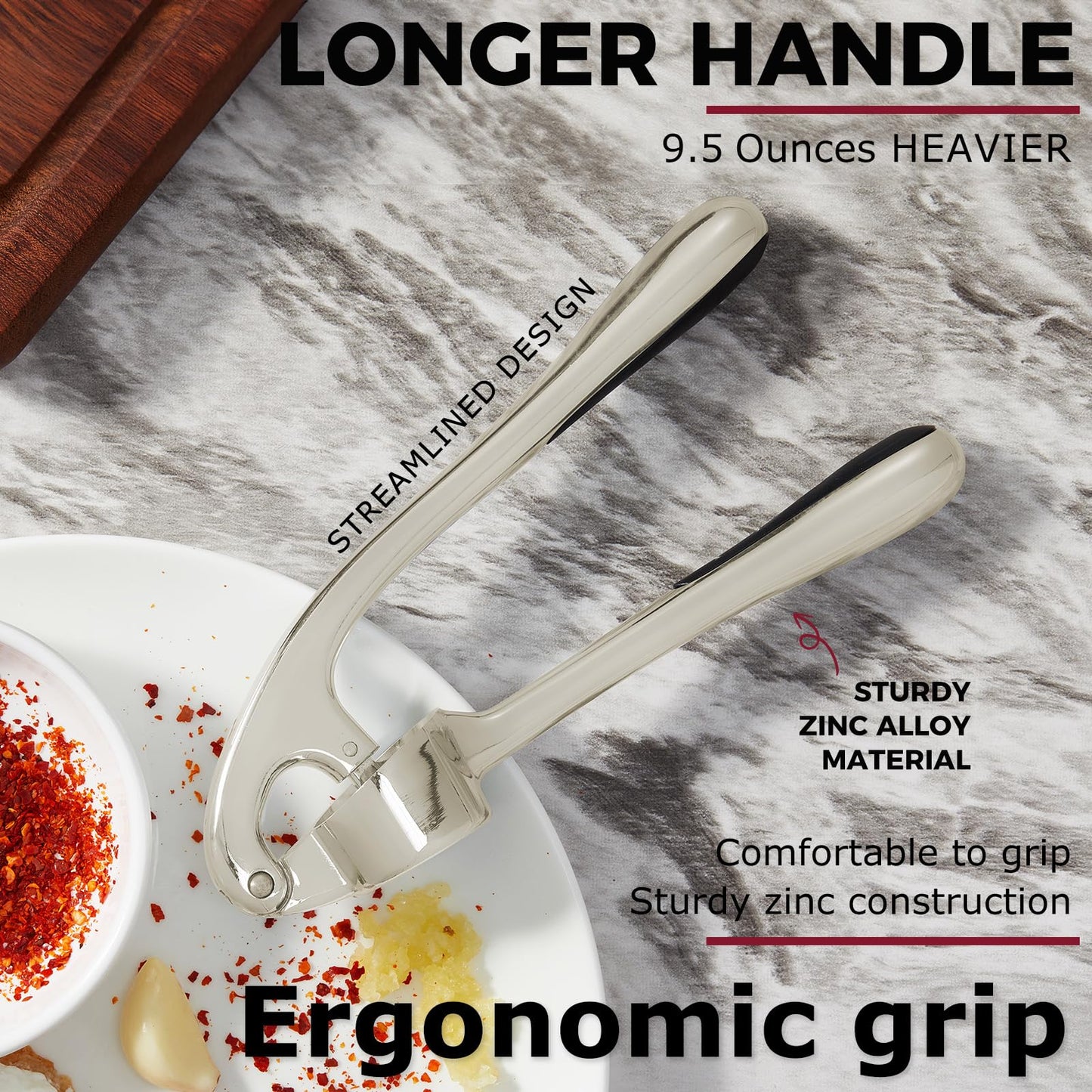 Kitessensu High Effective Garlic Press With Studs, Heavy Duty Garlic Mincer, Easy to Squeeze and Clean, Rust Proof, Ginger Crusher- Imperial Silver