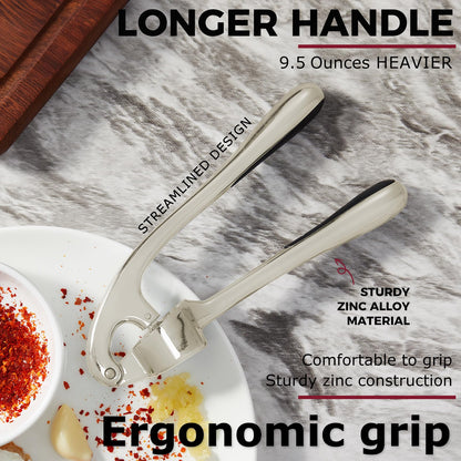 Kitessensu High Effective Garlic Press With Studs, Heavy Duty Garlic Mincer, Easy to Squeeze and Clean, Rust Proof, Ginger Crusher- Imperial Silver