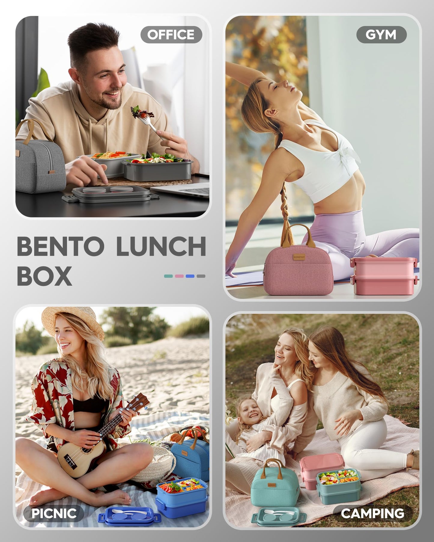KEMETHY Adults Bento Lunch Box Set with Thermo Bag, 74oz Stackable Leak-proof 3-tiers Bento Box, Built-in Utensil and Sauce Container for Work, School, Dining Out (Gray)