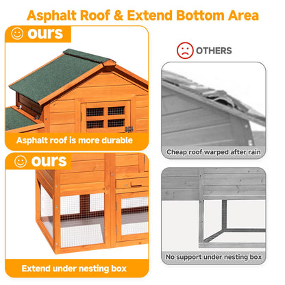 WHEGETED Large Chicken Coop Outdoor Durable Duck House Poultry Pet Hutch & 2 Wood Eggs Run Cage Nesting Box Waterproof Asphalt Roof Ramp Removable Tray Wire Fence for Backyard Small Animal79 Brown