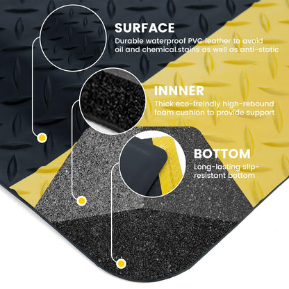 3' x 12' ESD Anti-Fatigue Conductive Mat, Durable Heavy Duty Diamond Plate, Soft Sponge Ergonomic Mat, Non Slip Waterproof Floor Mats for Commercial&Industrial Work Thick 3/4” Black with Yellow Border