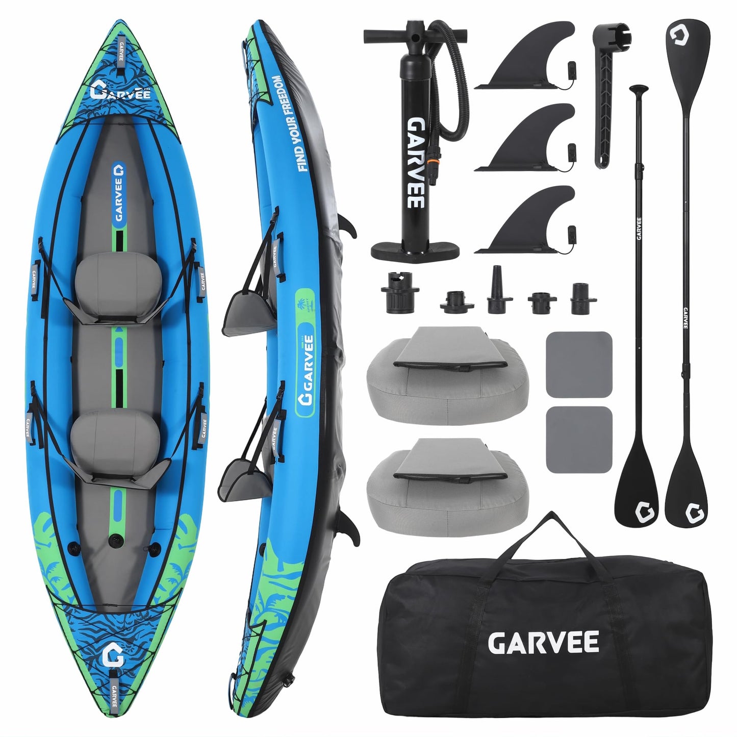 GarveeLife Inflatable Kayak,2-Person Kayak for Adults 12.5FT/450 LBS Weight Capacity,Portable Touring Kayak Canoe with Paddle, Kayak Seat, Pedal, Hand Pump and Bag