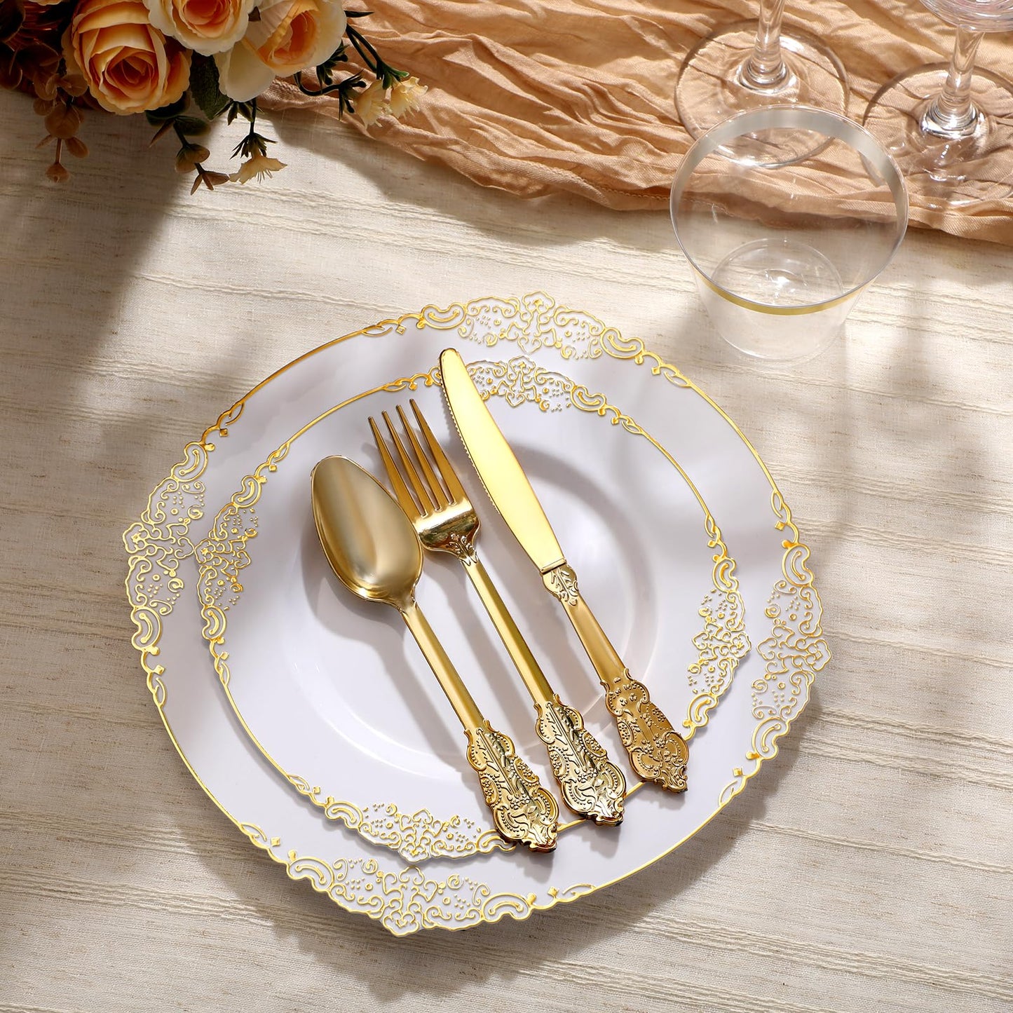 Goodluck 250 PCS Vintage White & Gold Rim Plastic Plates with Cutlery Set - Serves 50 - Heavy Duty Elegant Disposable Dinnerware for Formal Wedding, Catering, Upscale Party