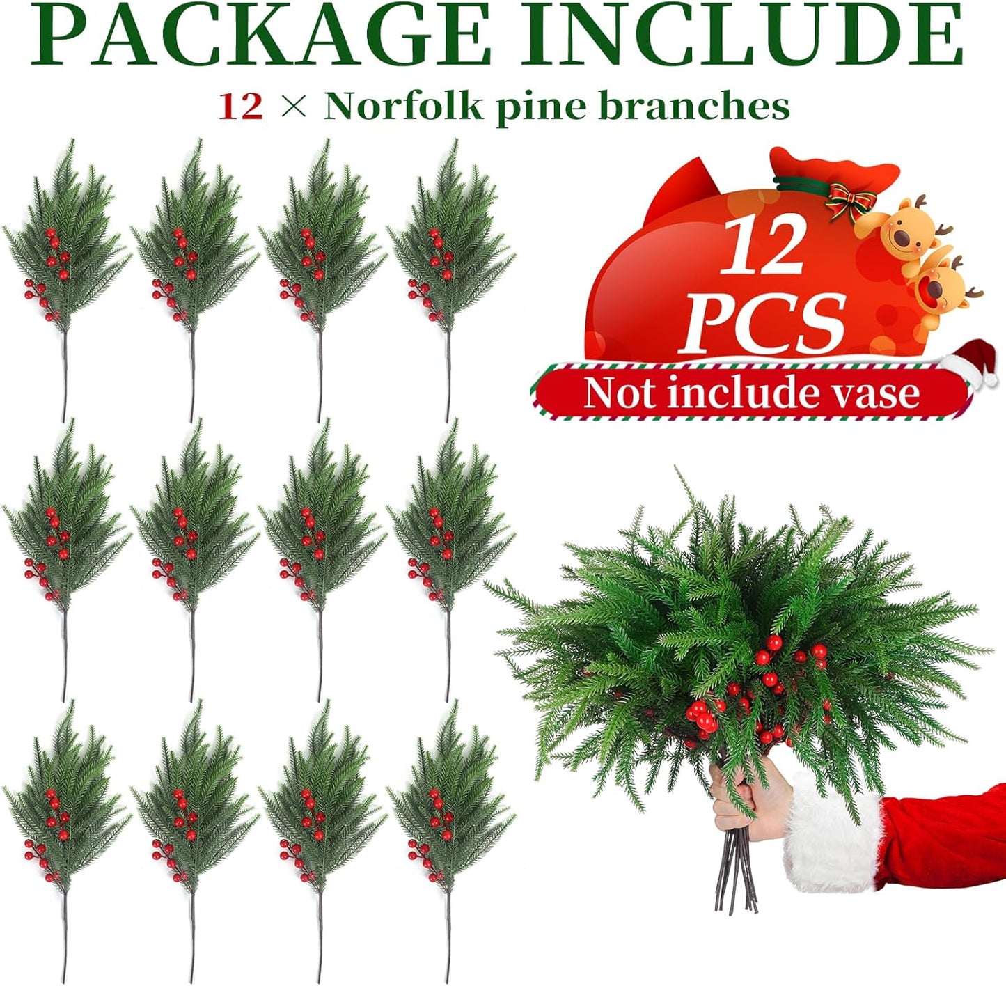 12Pcs Christmas Norfolk Pine Stems with Red Berries, Real Touch Artificial Norfolk Pine Branches for Vase,DIY Crafts