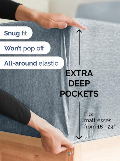 Skiennix Extra Deep Cal King Sheet Set - 6 Piece Breathable Cooling Bedding - Soft Wrinkle-Free Heathered Blue