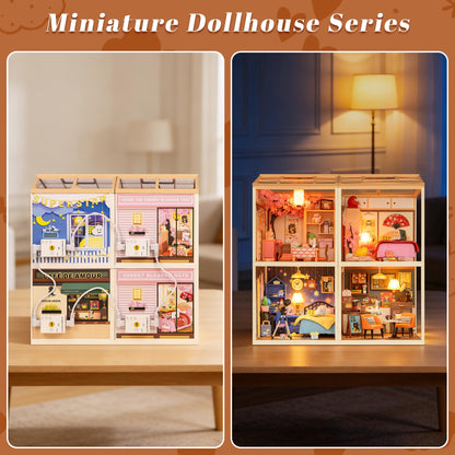 Loyratche DIY Retro Coffee Shop Miniature House Kit, 115 Pieces Mini Dollhouse with Furniture & LED Light with Roof & Dust Covers Tiny House Toy for Adults