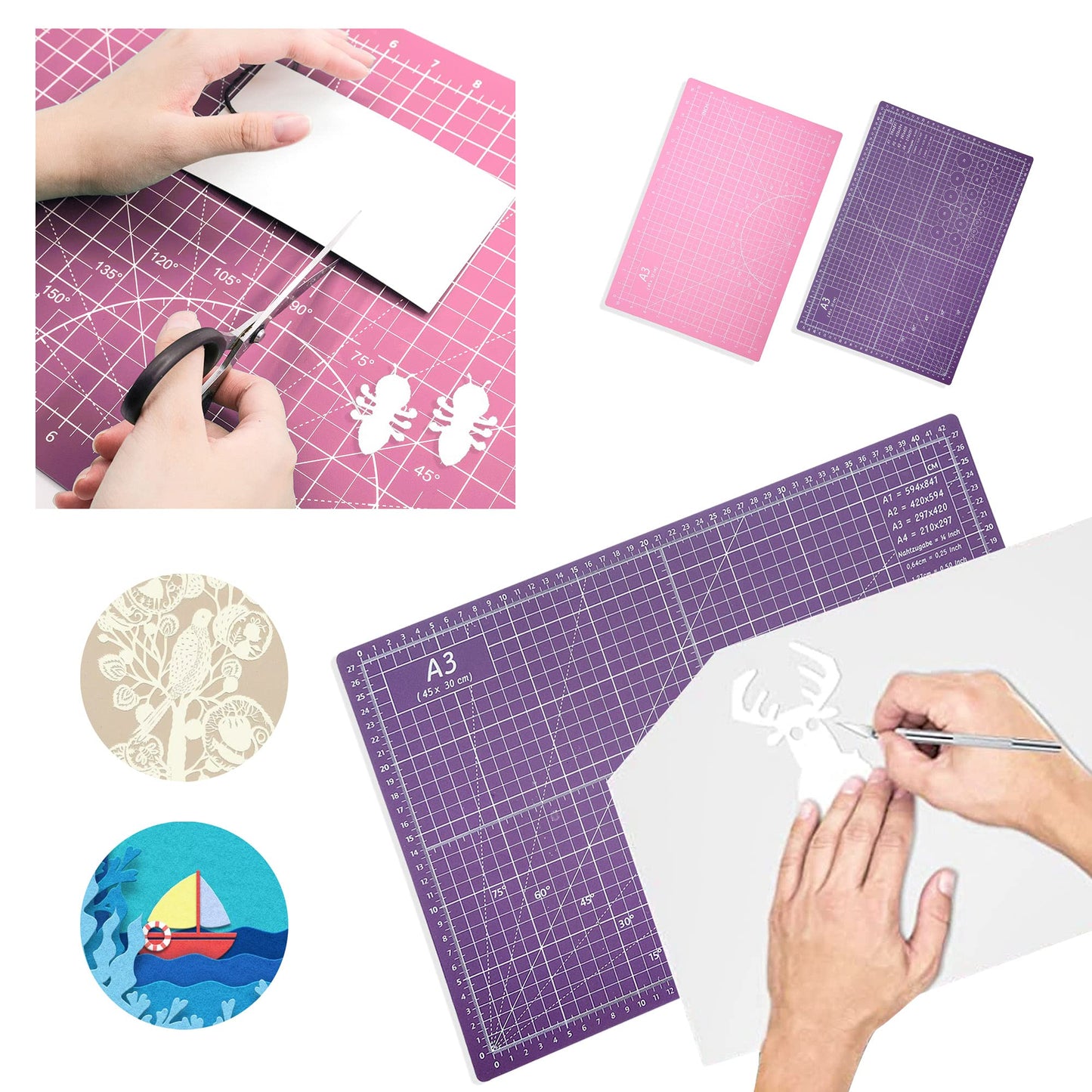 TCAIRG Self Healing Cutting Mat 18 inchx12 inch Non-Slip PVC Double Sided 5-Ply A3 Art Craft Rotating Mat,Sewing Crafts Hobby Fabric Precision Scrapbooking Project(Pink/Purple)