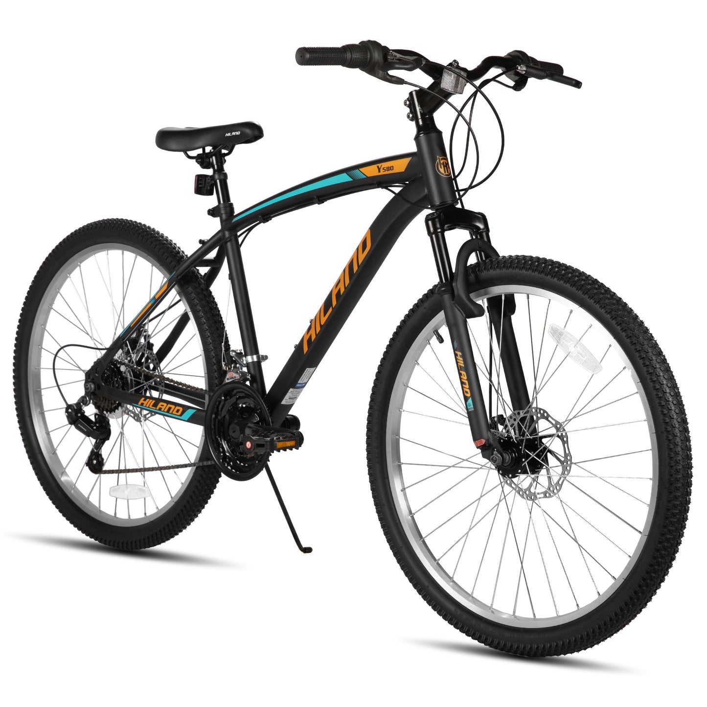 HH HILAND Mens and Womens Mountain Bike, 26 Inch 18 Speed Mountain Bicycle with Dual Disc Brake, Front Suspension Fork, High Carbon Steel Frame Urban Commuter Bike for Adults, Black Orange