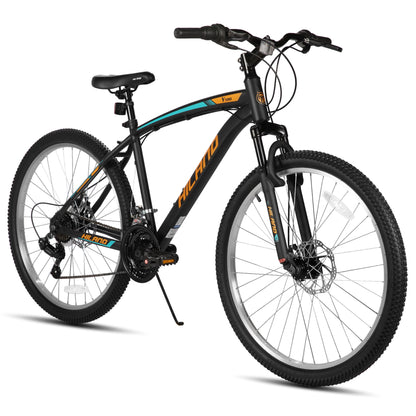 HH HILAND Mens and Womens Mountain Bike, 26 Inch 18 Speed Mountain Bicycle with Dual Disc Brake, Front Suspension Fork, High Carbon Steel Frame Urban Commuter Bike for Adults, Black Orange