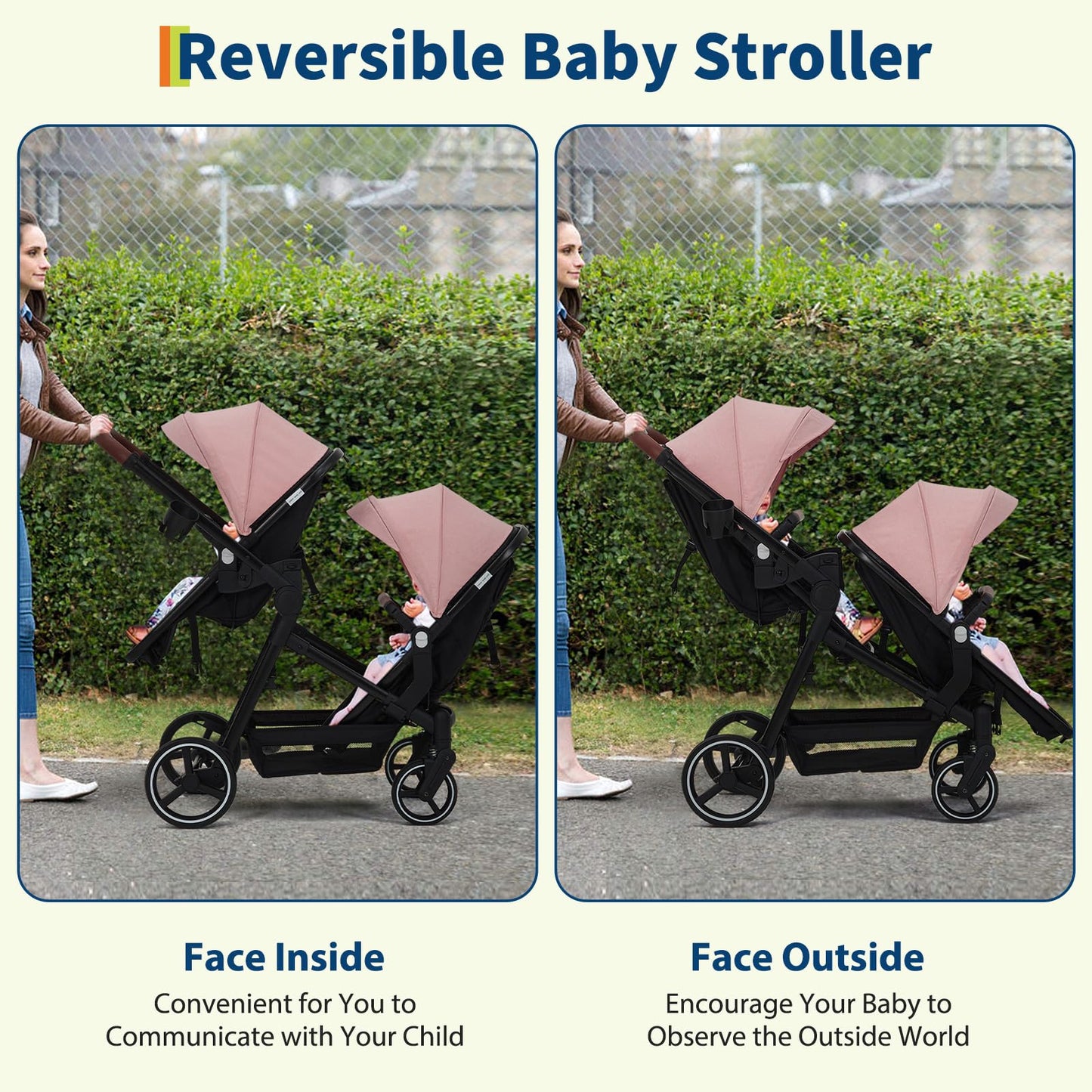 Tandem Double Stroller for Twins, Foldable Baby Stroller for Newborns 0-6 Months, Reversible Adjustable Seats, Shock-Absorbing Swivel Wheels & One-Step Brake, Storage Basket & Sun Canopy, Pink