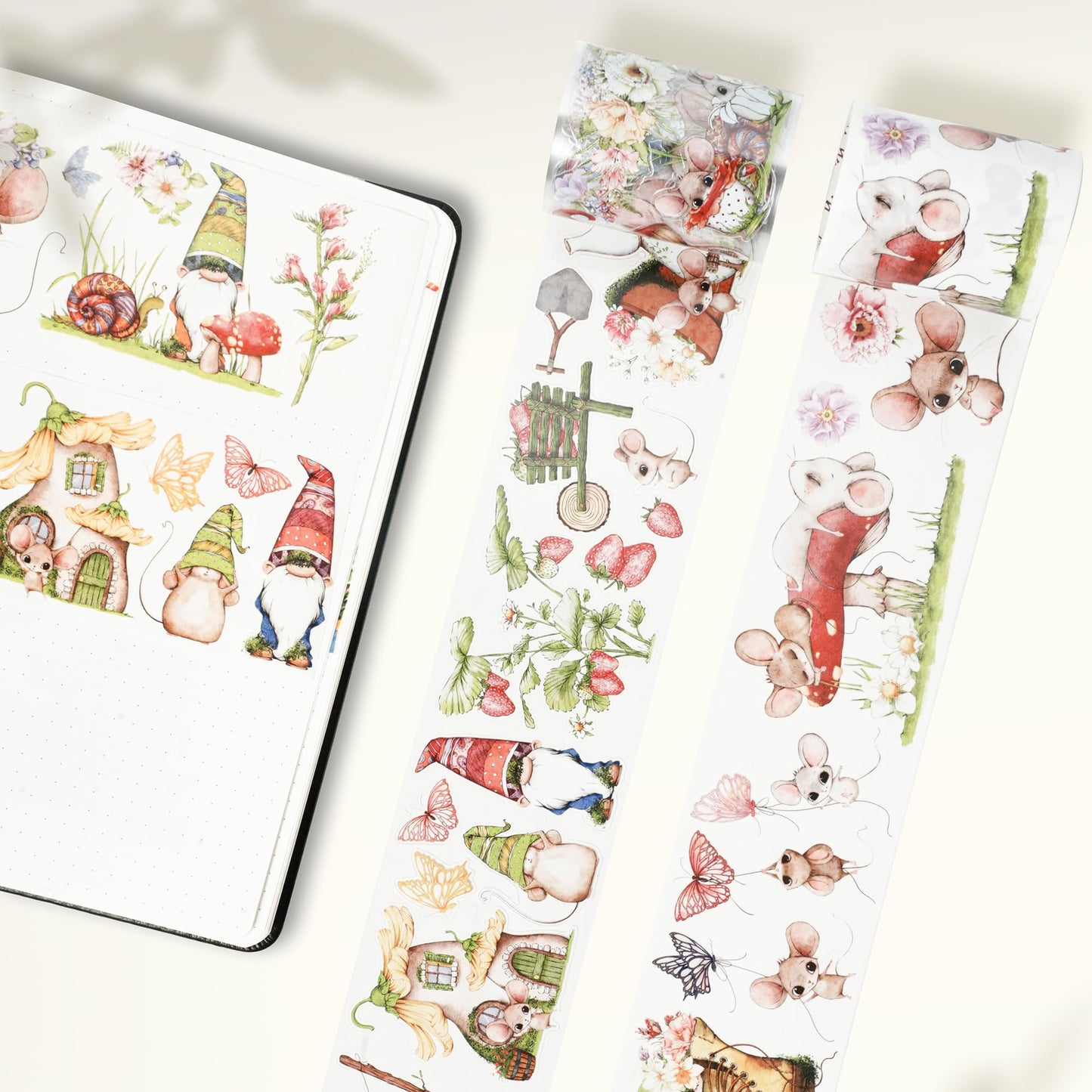 WT Pre-Cut Squeaky Mischief Wide PET Tape, 1 Roll, Original Playful Cartoon Mice & Whimsical Garden Designs, Transparent Clear Adhesive Tape for Scrapbooks, Junk Journals, Planners, DIY Crafts & Gifts