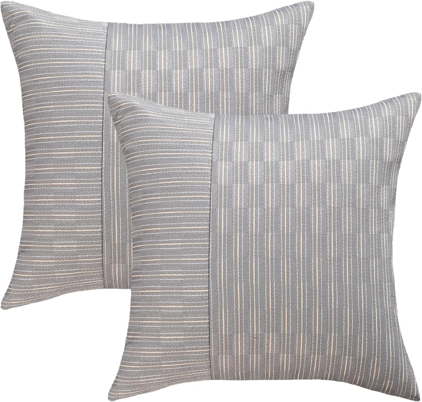 20x20, Set 2, Kevin Textile Grey and Beige Farmhouse Striped Patchwork Linen Decorative Throw Pillows Covers of Modern