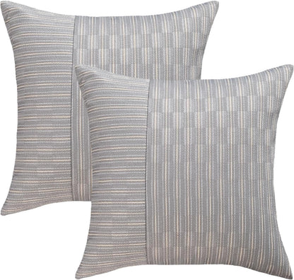20x20, Set 2, Kevin Textile Grey and Beige Farmhouse Striped Patchwork Linen Decorative Throw Pillows Covers of Modern