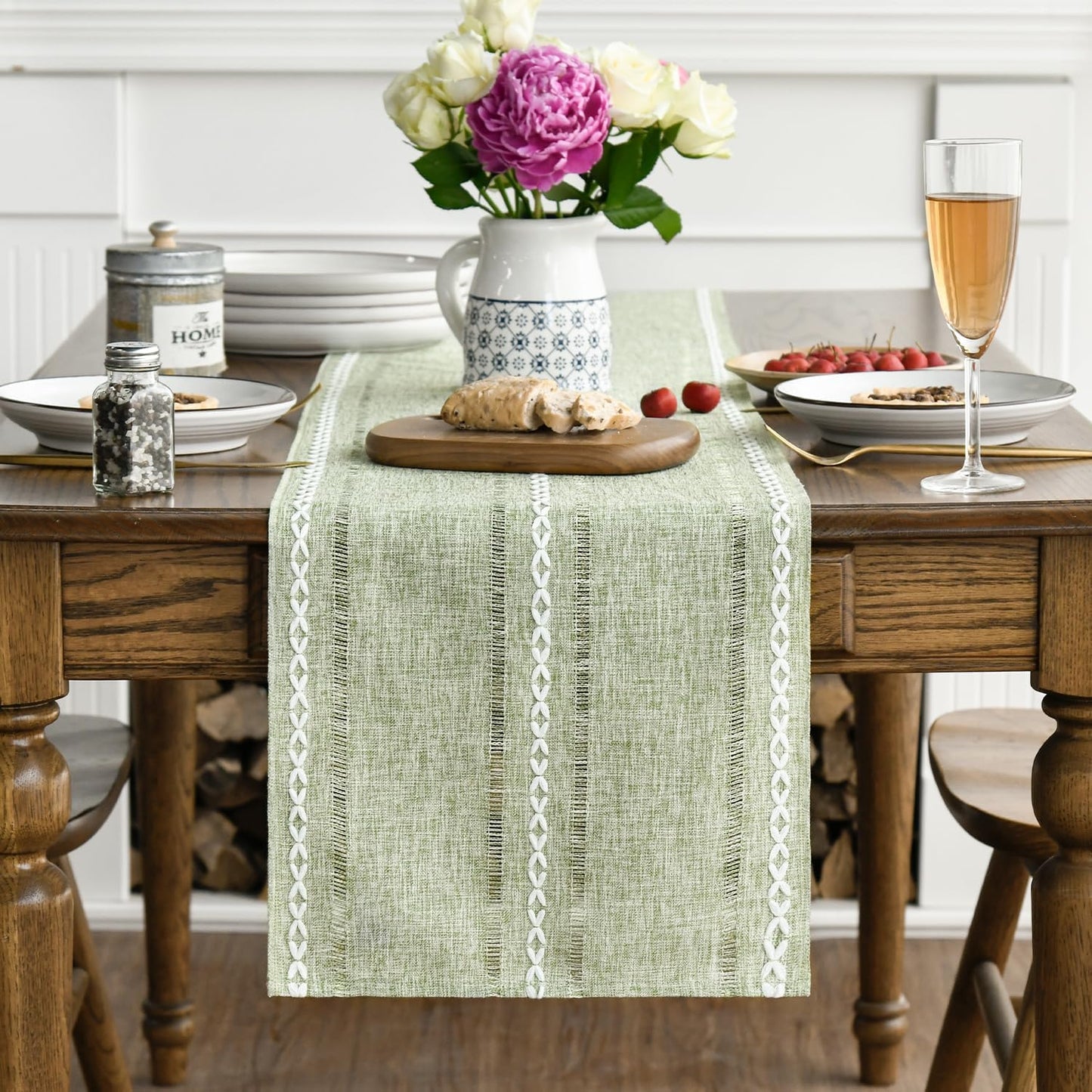 13x72 Inch Artoid Mode Sage Green Rustic Cotton Linen Table Runner, Seasonal Embroidered Hollow Kitchen Dining Table
