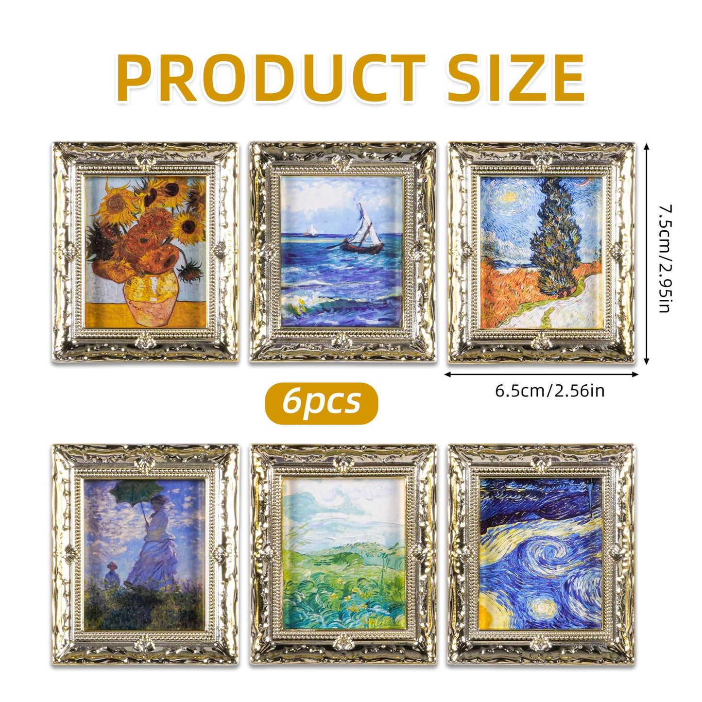 JHGCVX Miniature Dollhouse Accessories for Dollhouse Furniture on 1:12 Scale, Dollhouse Picture Frame for Miniature Home Wall Decoration Mural Model Accessories(6 Frames & Impressionist Pictures)