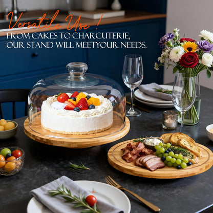 Masthome 11 IN Cake Stand with Lid, Bamboo Wood Rotating Cake Holder with Dome, BPA Free Cake Dish with Cover, Cake Plate with Cover for Birthday/Kitchen/Party/Weddings