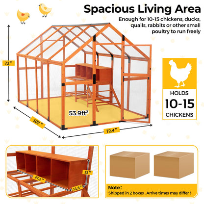 COZIWOW Chicken Coop with Full Waterproof Cover, 9' Extra Large Wooden Chicken House for 10-15 Chickens, 4 Nesting Boxes & Roosting Bars, Outdoor Walk-in Poultry Run, Orange