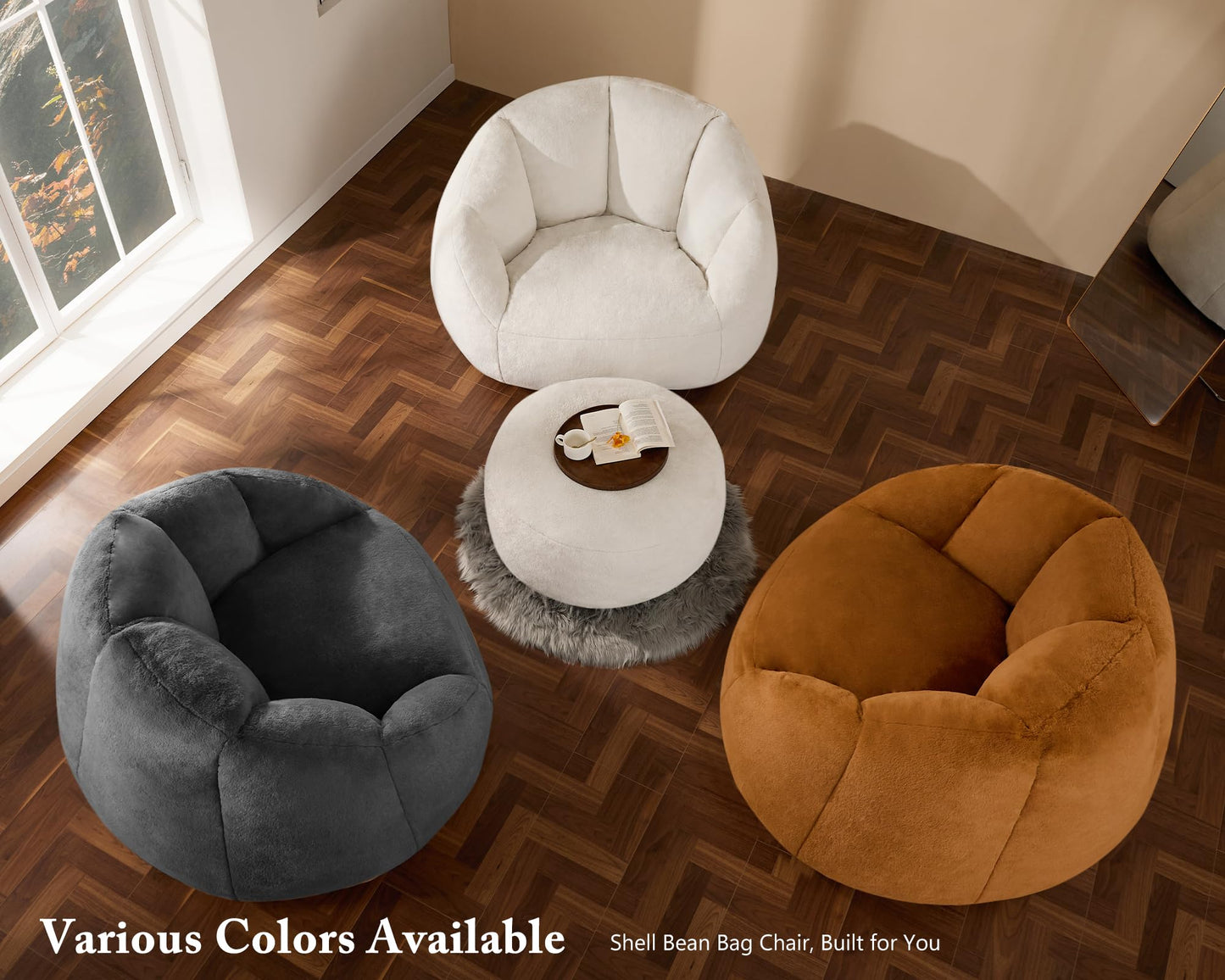 Gericco Giant Bean Bag Swivel Chair for Adults with Ottoman - Comfy Plush Round Shell Soft Accent Chaise Lounge Indoor Chair, Oversized Cozy Floor Sofa for Living Room Game Rooms, Orange