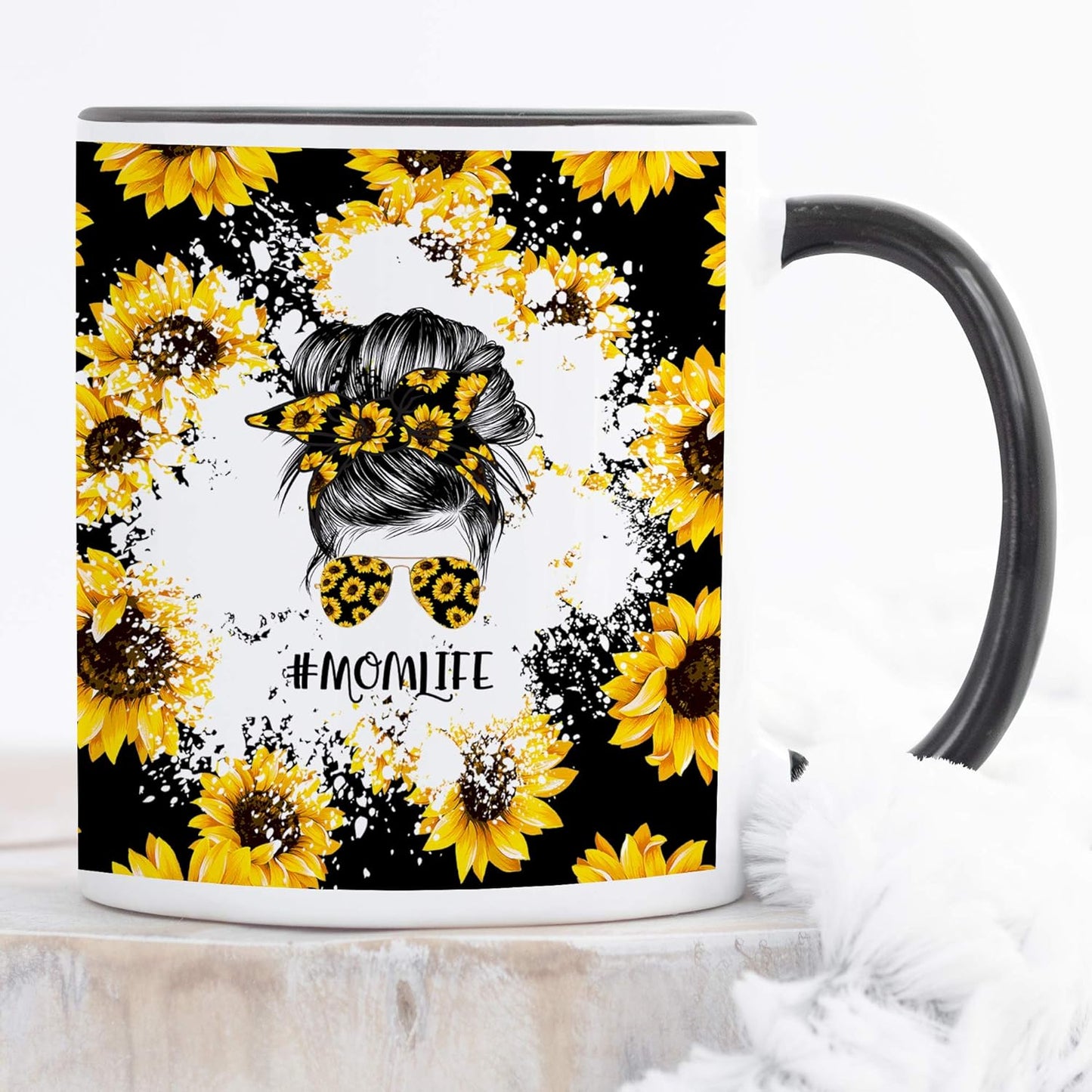 YouNique Designs Sunflower Mom Mug, 11 Ounces, Unique Mothers Day Coffee Mug from Daughter and Son, Black Handle