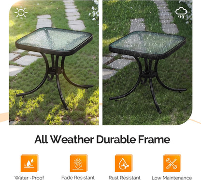18" VINGLI Outdoor Side Table, Patio Table Steel Frame Tempered Glass Top, Weatherproof Small Tables for Balcony Garden