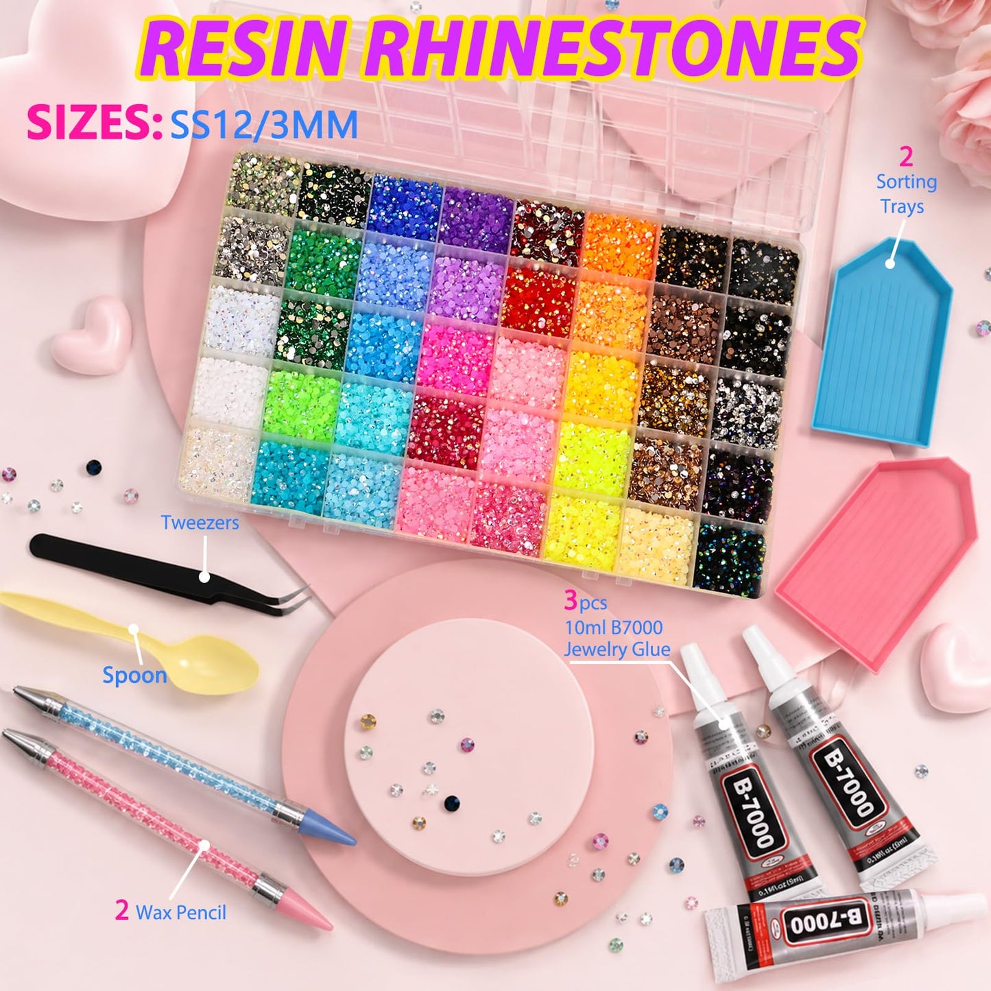 HiOKOU 36000Pcs 40 Colors Jelly Rhinestones for Bedazzling, 3MM Bedazzling Kit with 3Pcs 10ml B7000 for Diamond Art, Diamond Art Accessories
